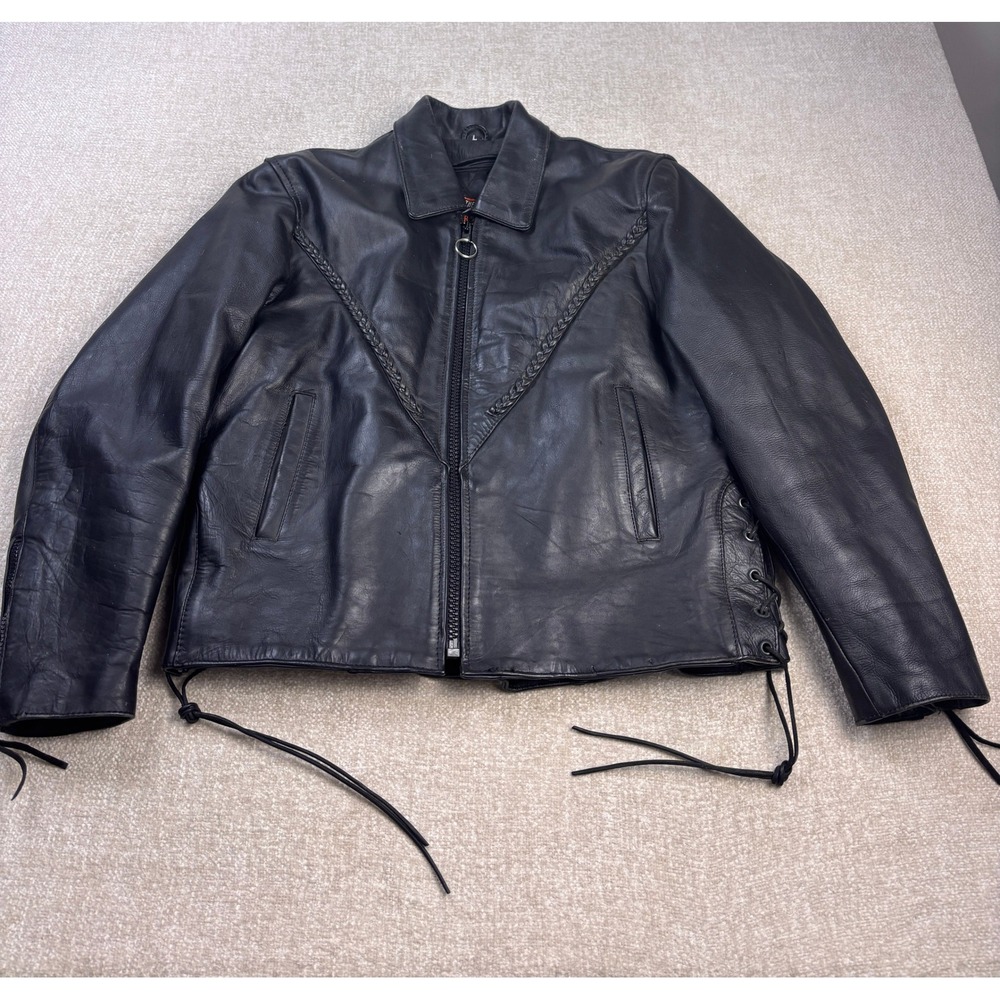 Interstate Leather Black Braided Biker Jacket Womens Large Lace Up Side Zip Out
